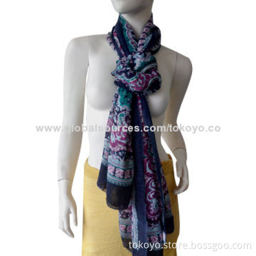 Paisley polyester scarf with screen printing, voile, indigo, for spring, size of 180*70cm overlock